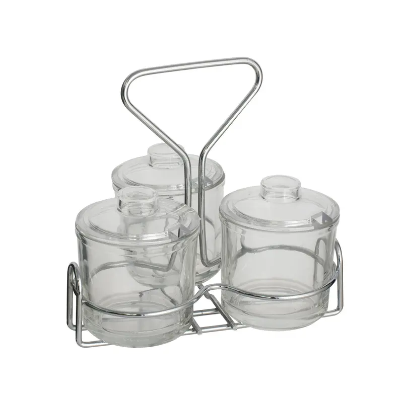 Alegacy 3-Compartment Condiment Set With Stackable Glass Jars & Rack 1