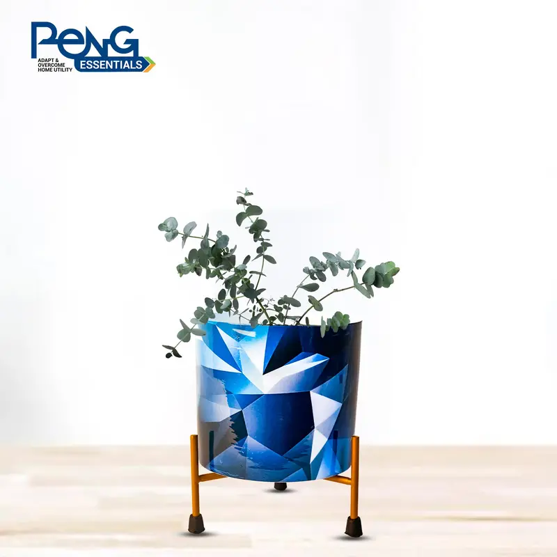 Blue-And-White Ceramic-Inspired Metal Vase/Planter – Decorative Accent 1