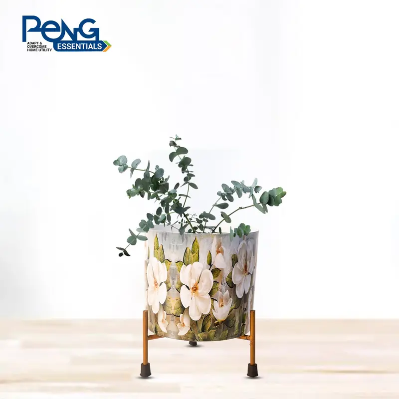 Green Floral-Themed Metal Indoor Vase Or Planter – Botanical Decor Style 1