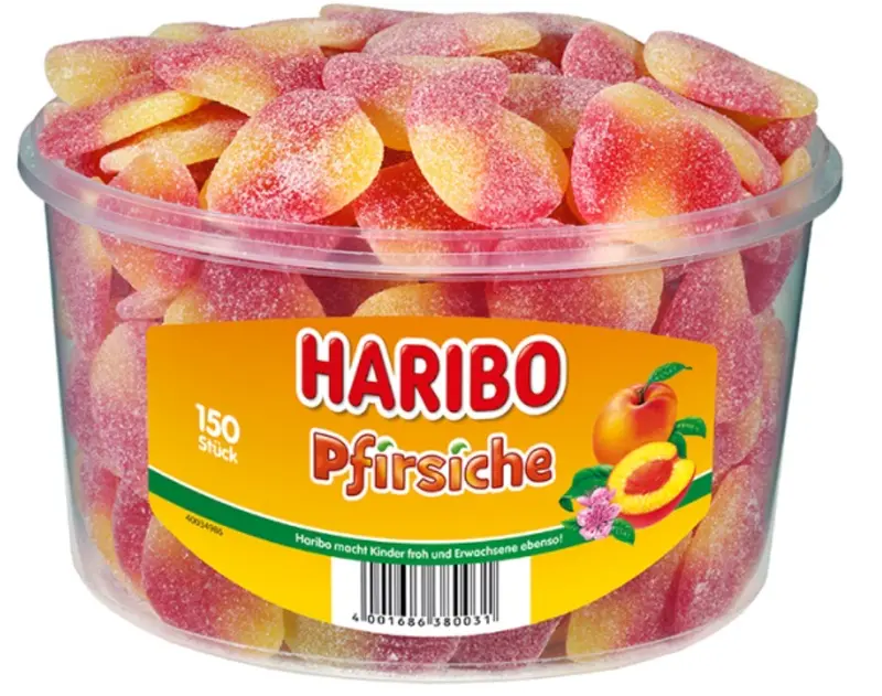 Haribo Peach Gummy Candies – Assorted Tub Packaging 1