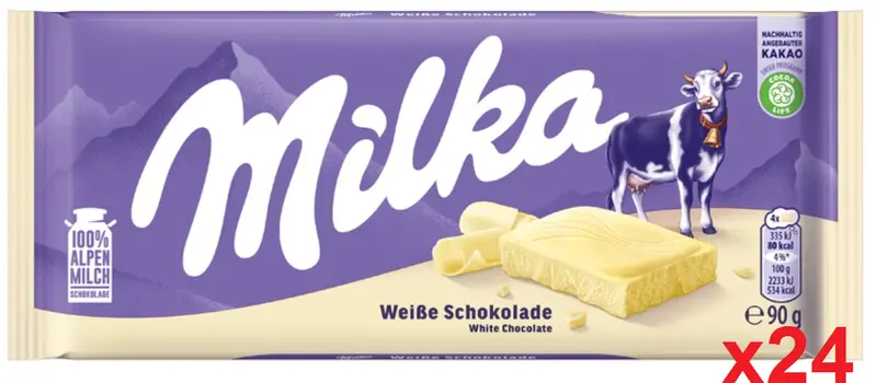 Milka White Chocolate Bars – 90G, Case Of 24 1