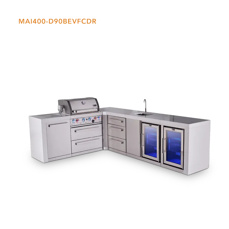 Mont Alpi Mai400-D90Bevfcdr L-Shaped 4-Burner Deluxe Outdoor Kitchen Island With Beverage Center, Corner Fridge, And Drawer Slides Cabinet 1