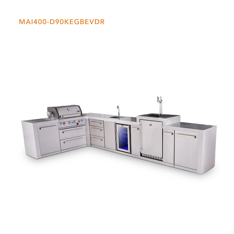 Mont Alpi Mai400-D90Kegbevdr L-Shaped 4-Burner Deluxe Outdoor Kitchen Island With Kegerator, Beverage Center, And Extra Drawer Slides 1