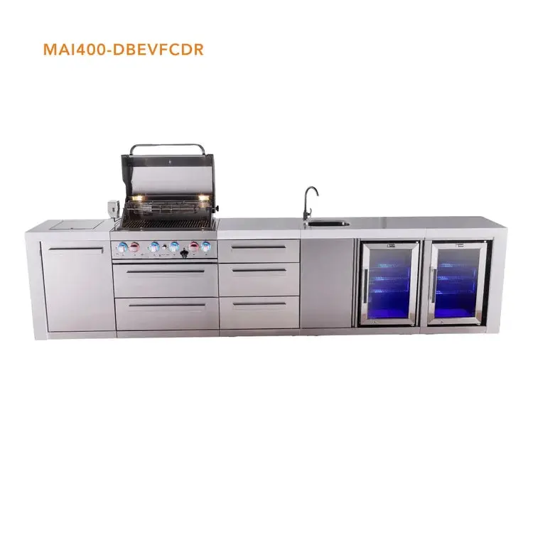 Mont Alpi Mai400-Dbevfcdr 4-Burner Deluxe Outdoor Kitchen Island With Beverage Center, Deluxe Fridge Module, And Drawer Cabinet 1