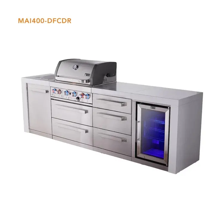 Mont Alpi Mai400-Dfcdr 4-Burner Deluxe Outdoor Kitchen Island With Integrated Fridge And Drawer Slides Cabinet 1