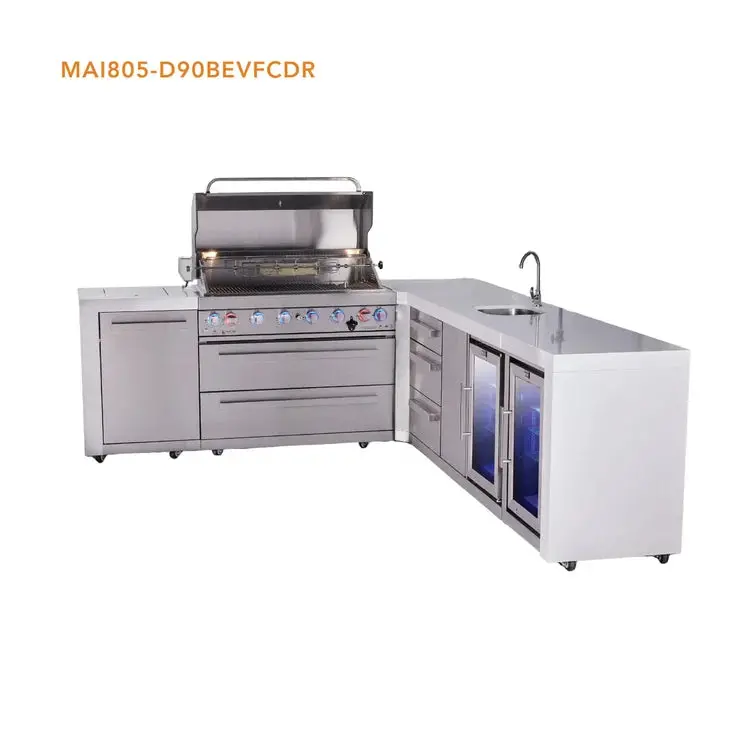 Mont Alpi Mai805-D90Bevfcdr L-Shaped 6-Burner Deluxe Outdoor Kitchen Island With Beverage Center, Corner Fridge, And Drawer Slides 1