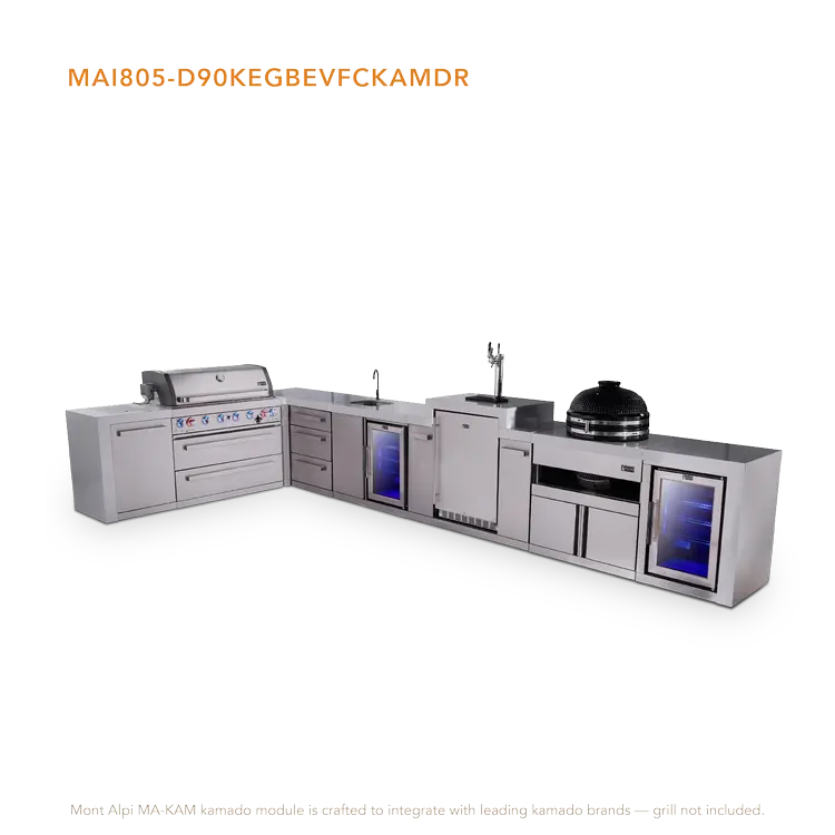 Mont Alpi Mai805-D90Kegbevfckamdr L-Shaped 6-Burner Deluxe Outdoor Kitchen Island With Kegerator, Beverage Center, Corner Fridge, Kamado, And Drawer Slides 1