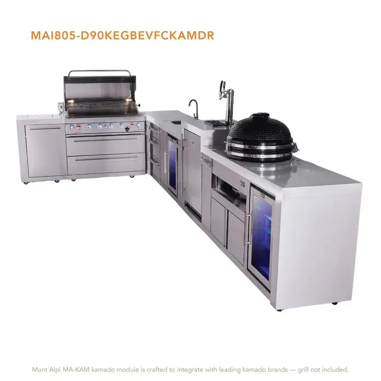 Mont Alpi Mai805-D90Kegbevkamdr L-Shaped 6-Burner Deluxe Outdoor Kitchen Island With Kegerator, Beverage Center, Kamado, And Corner Fridge Module 1