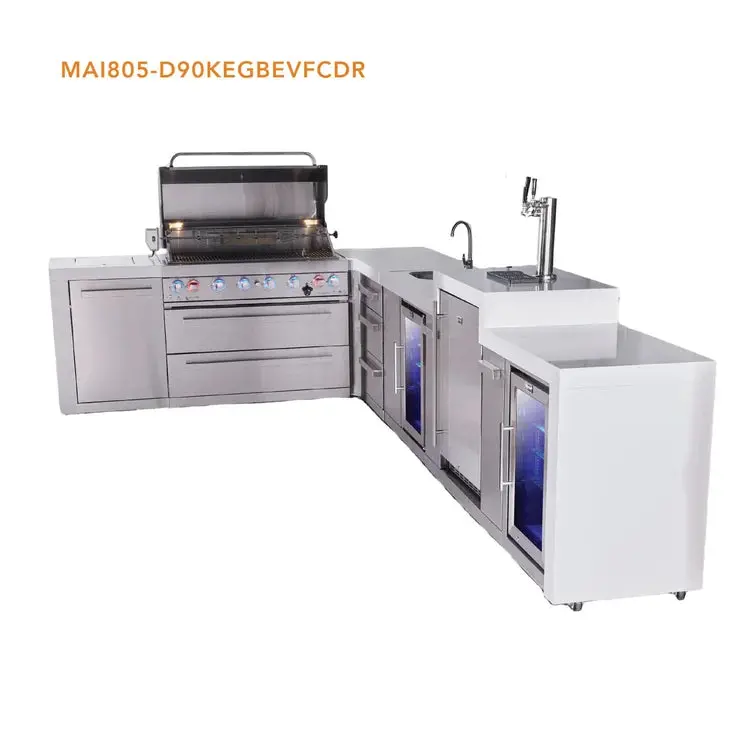 Mont Alpi Mai805-D90Kegdr L-Shaped 6-Burner Deluxe Outdoor Kitchen Island With Kegerator And Expandable Drawer Slides 1