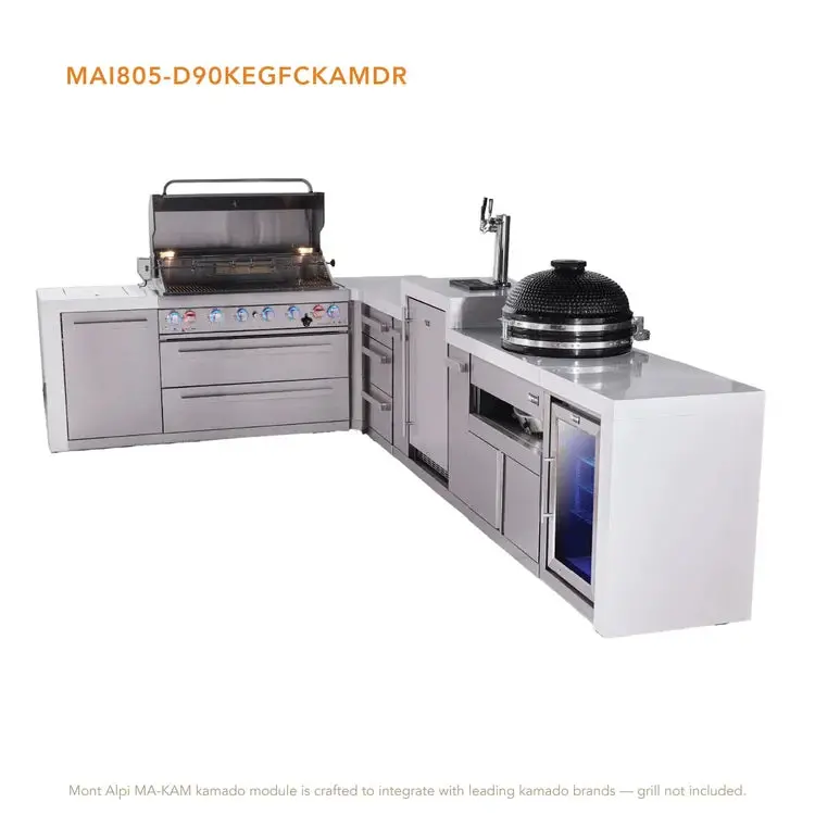 Mont Alpi Mai805-D90Kegfckamdr L-Shaped 6-Burner Deluxe Outdoor Kitchen Island With Kegerator, Corner Fridge, Kamado, And Premium Drawer Slides 1
