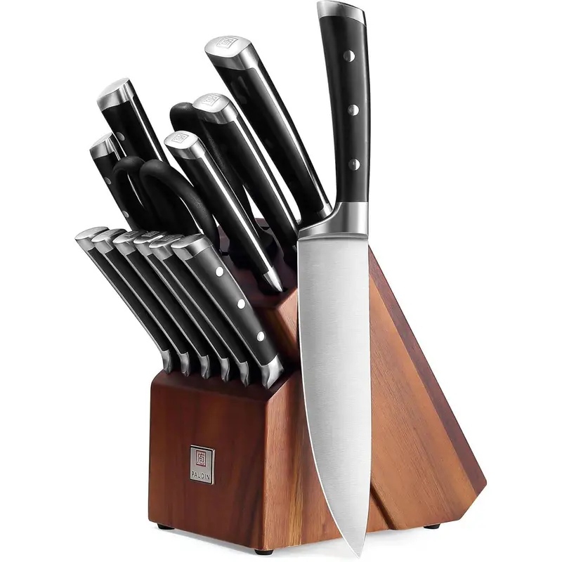 Paudin 15-Piece Complete Knife Block Set With Built-In Sharpener 1