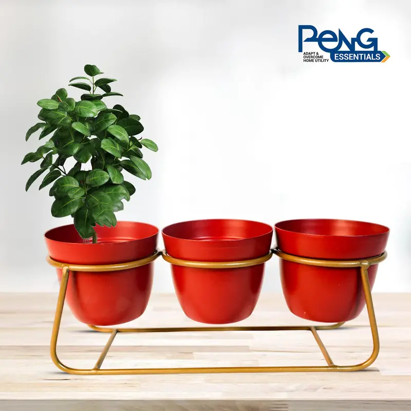 Set Of 3 Red Metal Indoor Vases And Planters 1