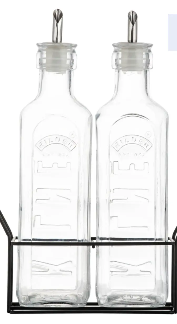 Set Of Two Oil And Vinegar Bottles With Matching Wooden Rack 1