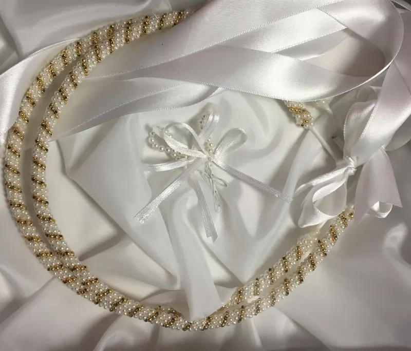 Stefana White Pearl & Gold Wedding Crowns – Luxe Bridal Pair 1
