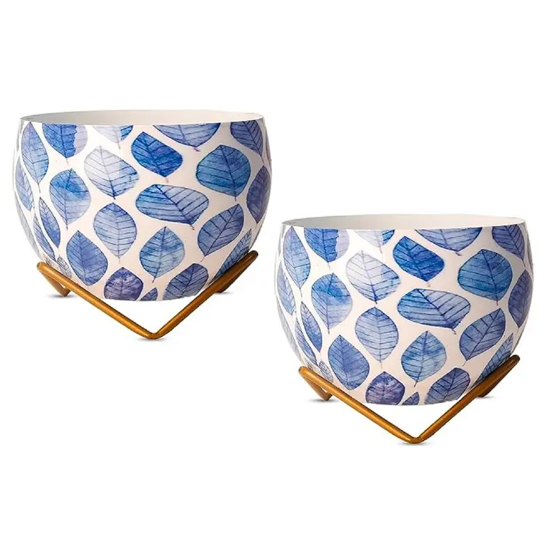 White And Sky Blue Two-Piece Metal Indoor Vase Set 1